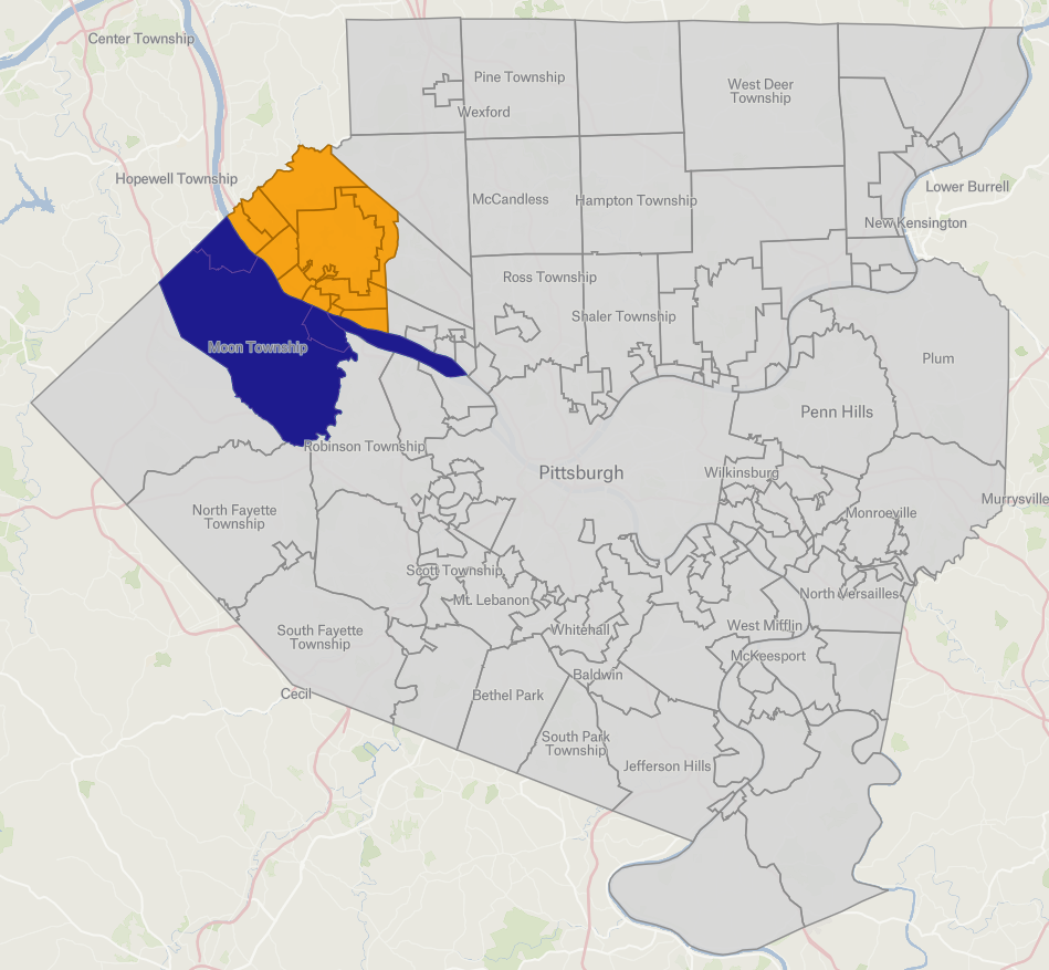 Map of Allegheny County showing VAA and QVAA coverage areas highlighted in cyan, including Moon Township, Sewickley, and surrounding municipalities